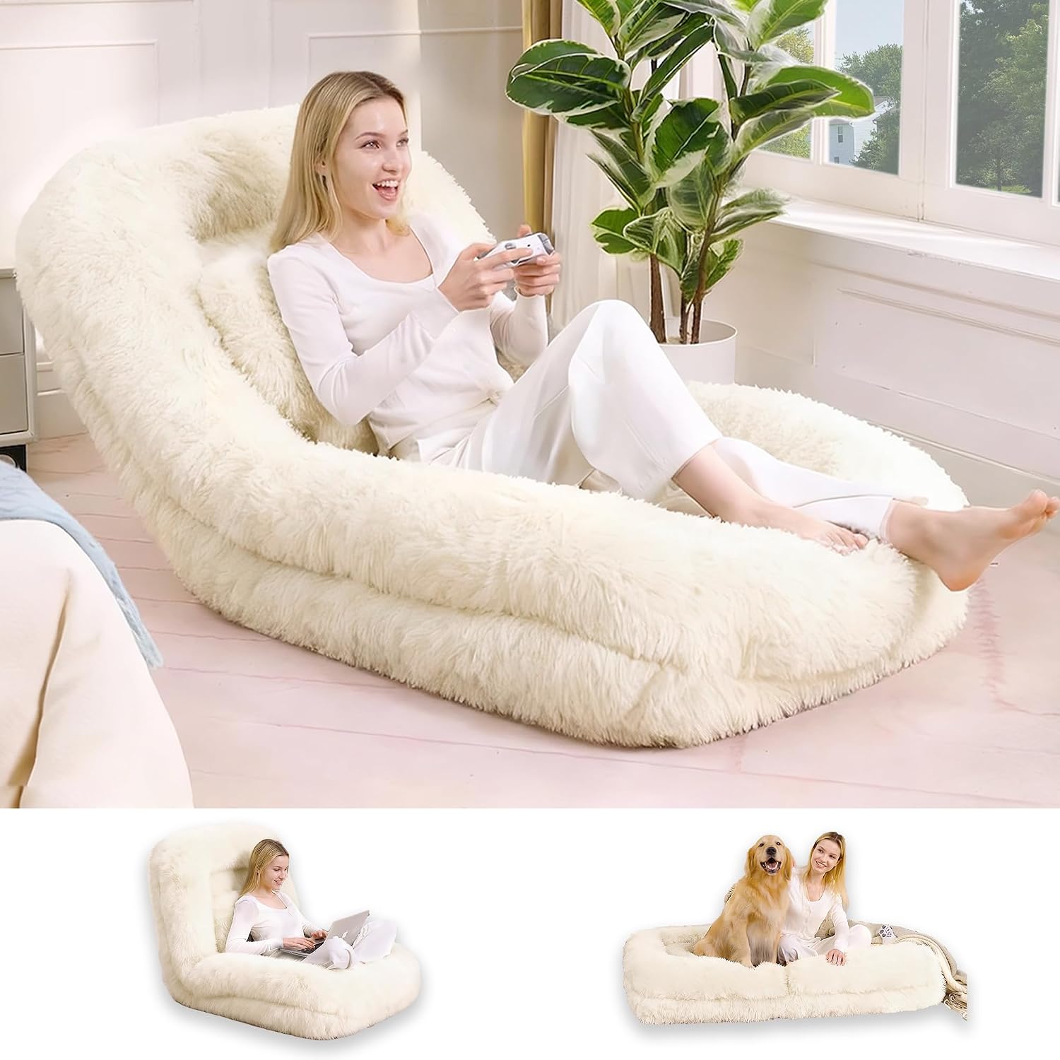 Floor Chair with Back Support, Human Dog Bed with 5 Adjustable Position, Convertible Lazy Floor Lounger, Comfy Gaming Chair, Plush Folding Sofa Bed for Adult, Living Room, Bedroom, Cream Beige