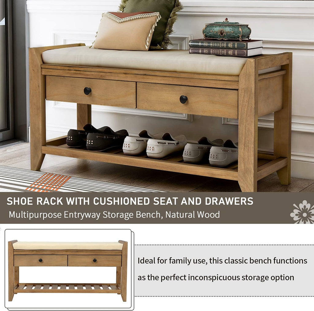 Harper & Bright Designs TREXM Shoe Rack with Cushioned Seat and Drawers, Multipurpose Entryway Storage Bench (Old Pine)
