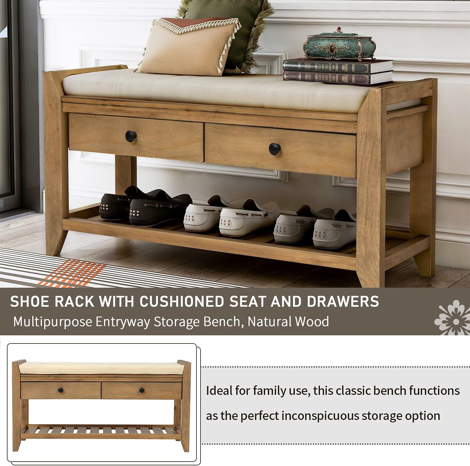 Harper & Bright Designs TREXM Shoe Rack with Cushioned Seat and Drawers, Multipurpose Entryway Storage Bench (Old Pine)