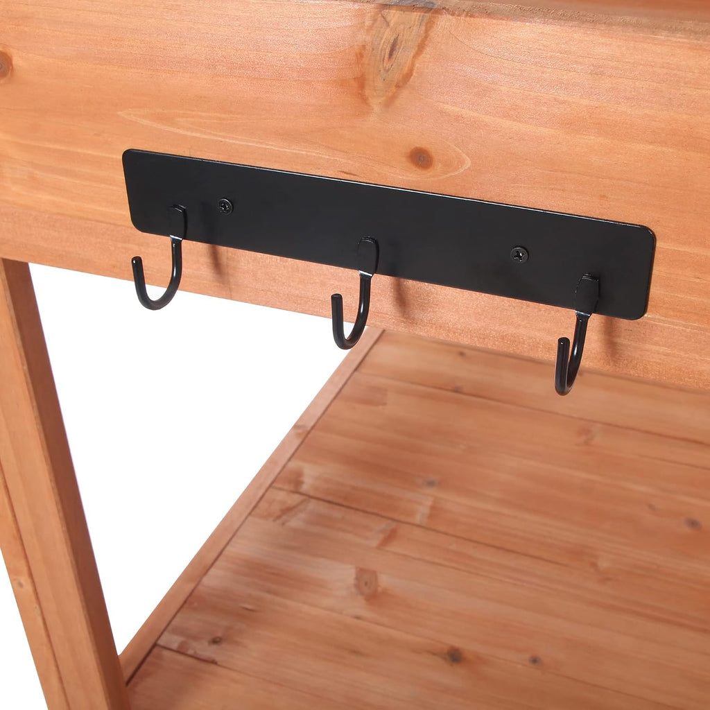 Potting Bench Table with 4 Storage Shelves and Side Hook, Polibi 65' Large Wooden Farmhouse Rustic Outdoor Patio Workstation, Garden Potting Bench with Splash Plate