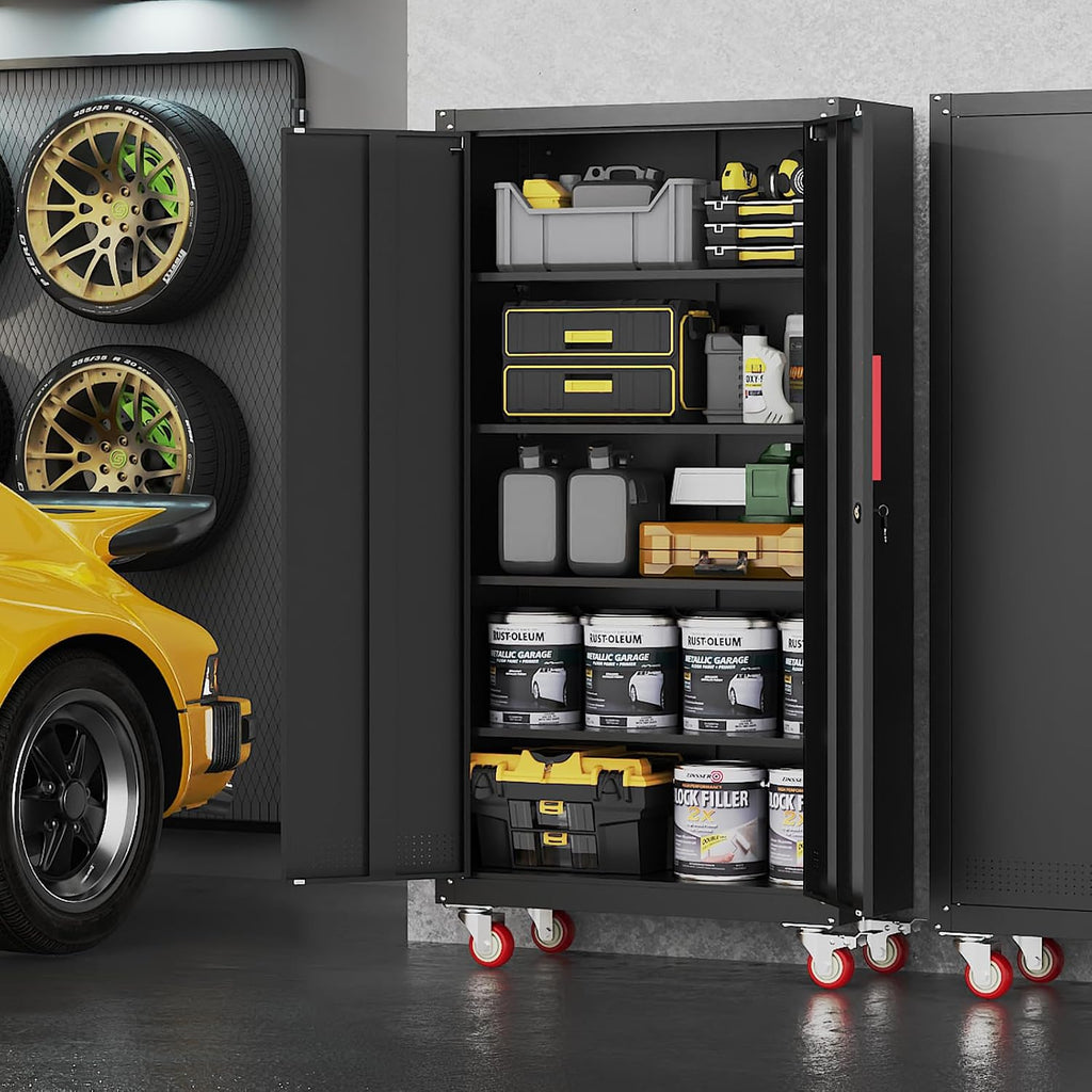 Metal Storage Cabinet with Wheels,71' Garage Cabinets with 4 Adjustable Shelves and Lockable Doors,Black Locking Cabinet Suitable for Garages,Home,Office