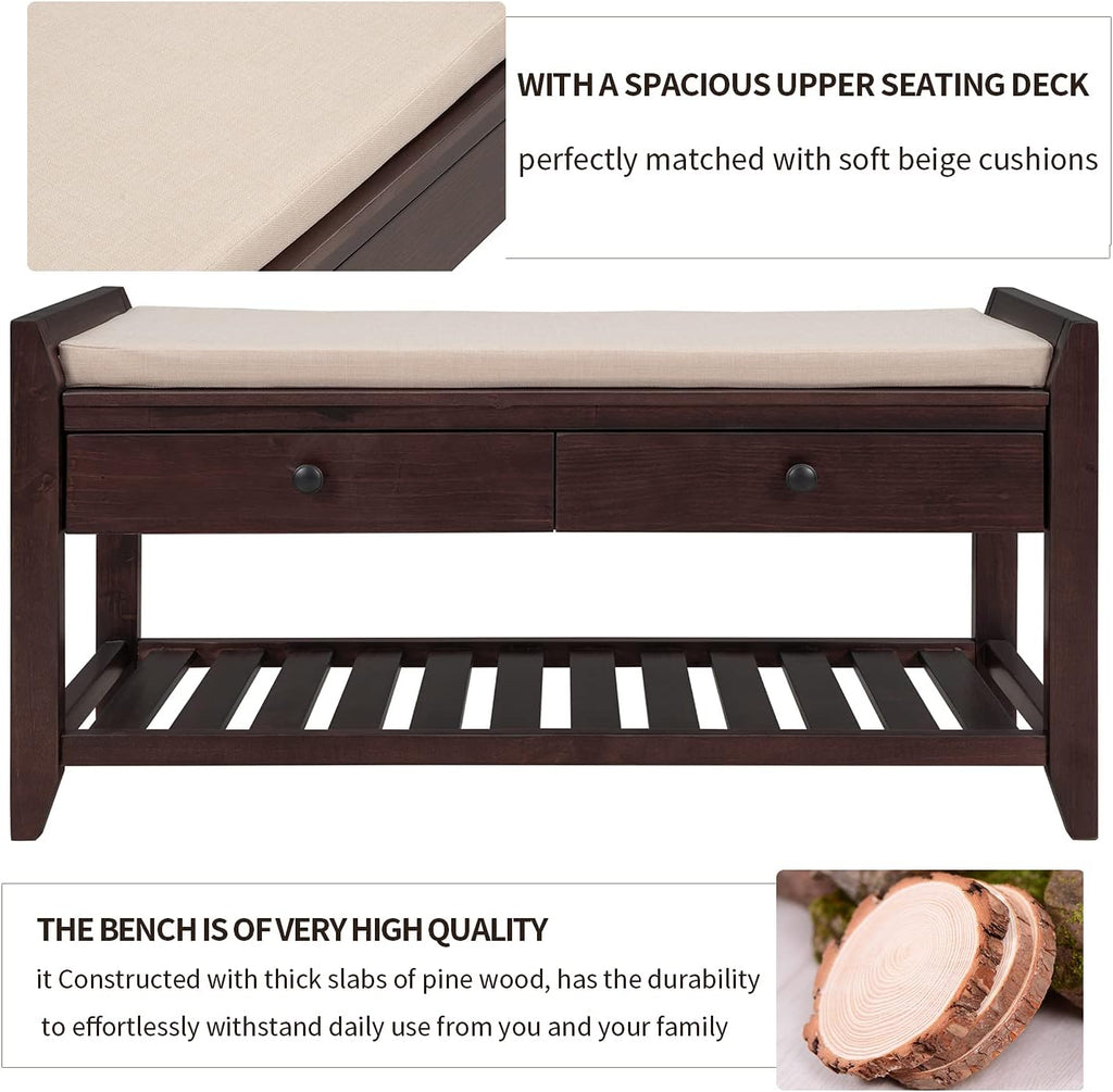 Harper & Bright Designs TREXM Shoe Rack with Cushioned Seat and Drawers, Multipurpose Entryway Storage Bench (Espresso)
