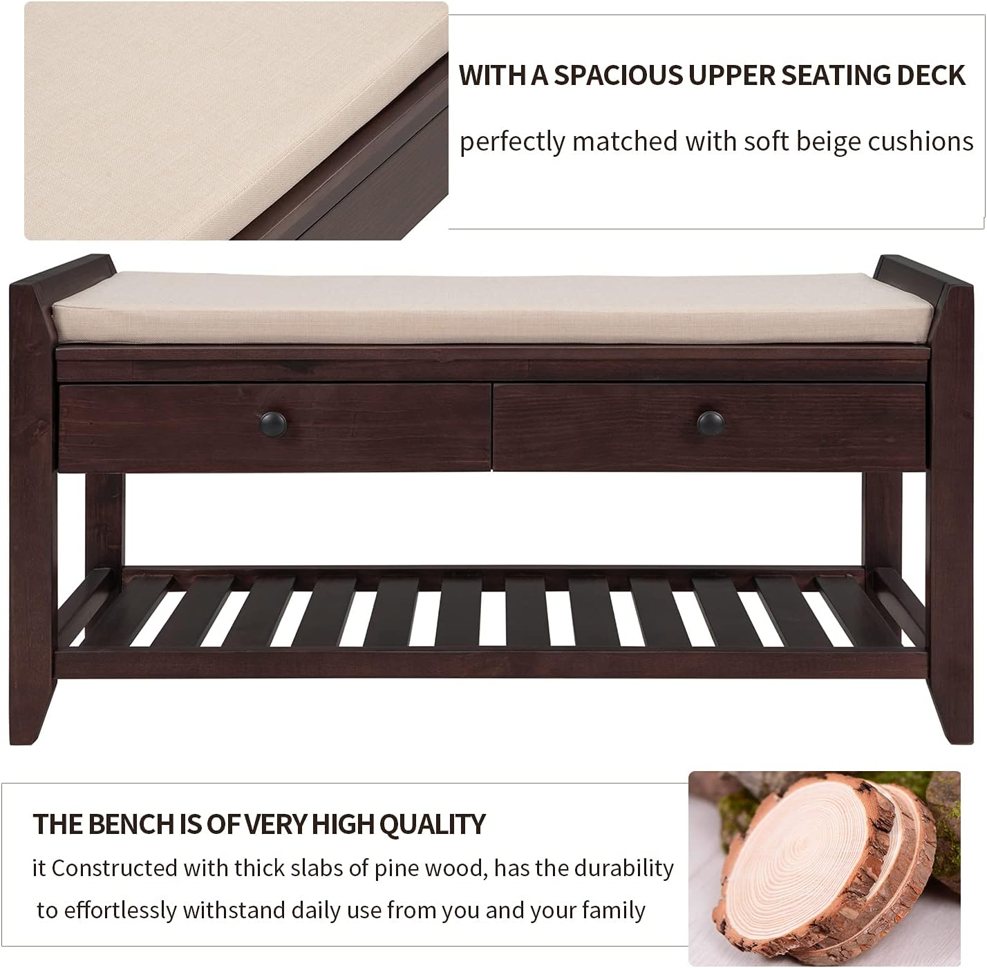 Harper & Bright Designs TREXM Shoe Rack with Cushioned Seat and Drawers, Multipurpose Entryway Storage Bench (Espresso)