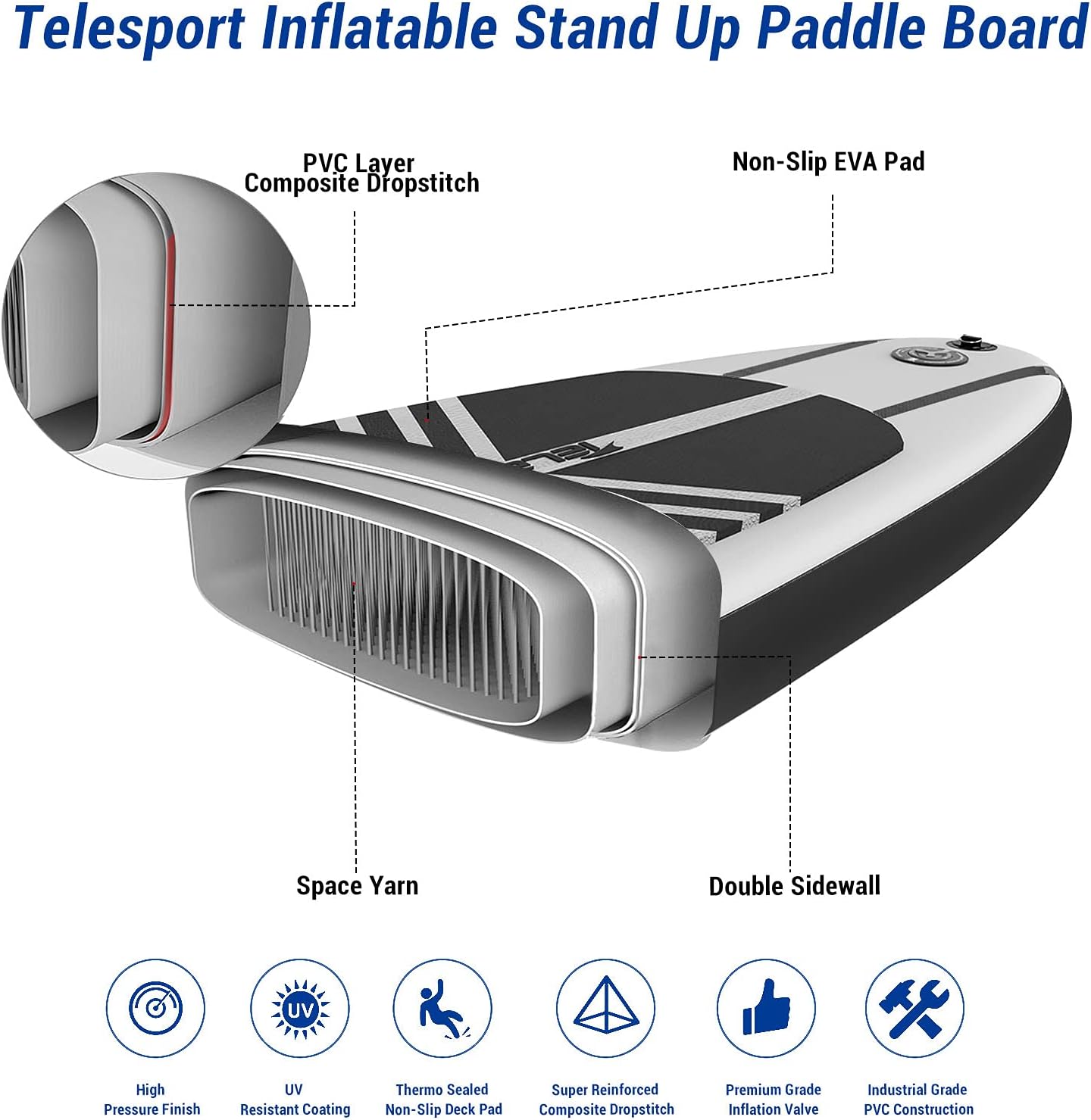 TELESPORT Paddle Boards 11 Foot Long 33 Inch Wide Inflatable Stand Up Paddleboard Blowup SUP Board with Accessories, 350 Pound Weight Capacity, Black
