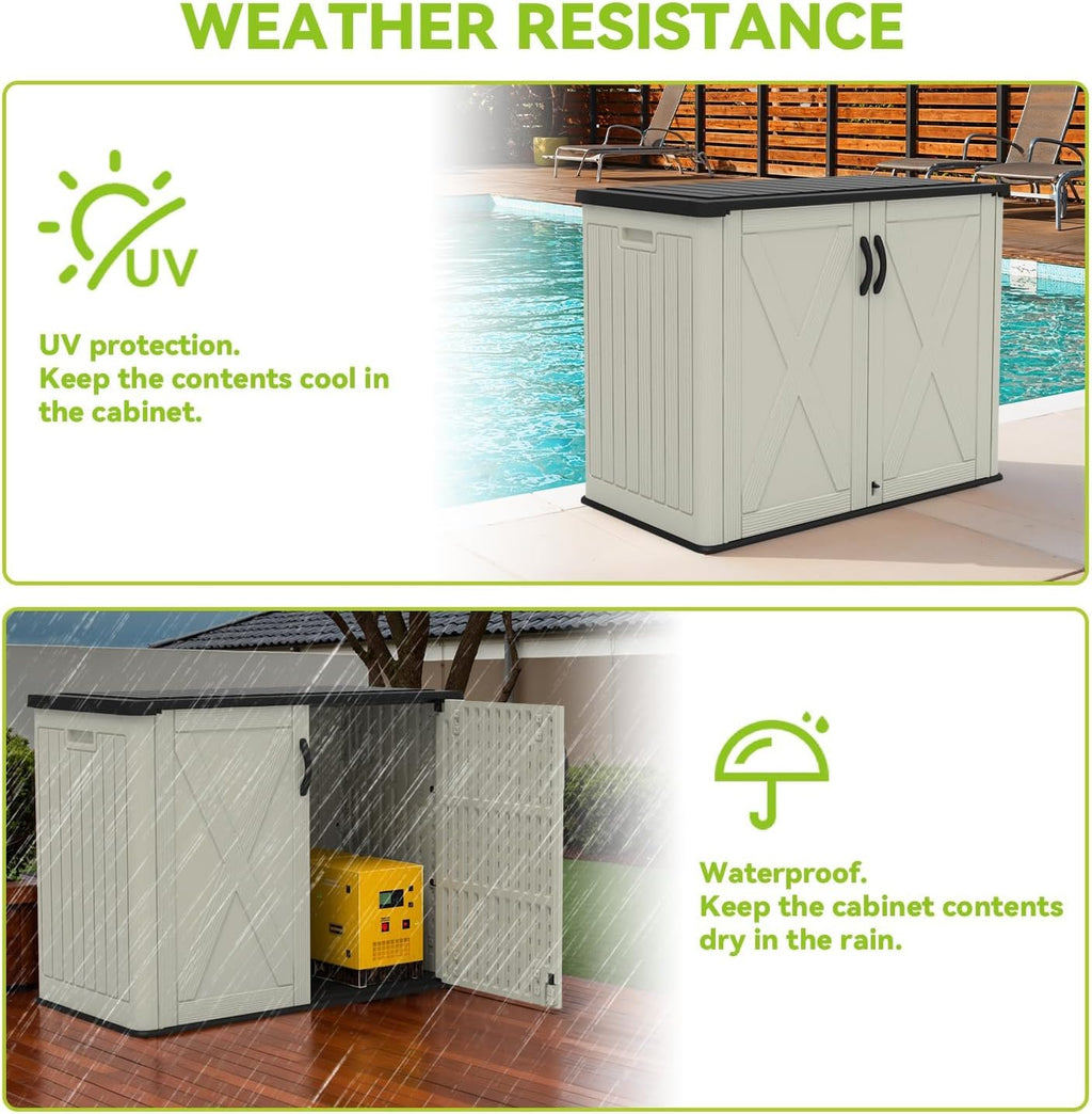 Devoko 26 Cu Ft Plastic Outdoor Storage Shed, Horizontal Resin Storage Cabinet with Lockable Door, Water-Resistant Backyard Storage Box for Garden Patio, Beige, Shelf Not Included