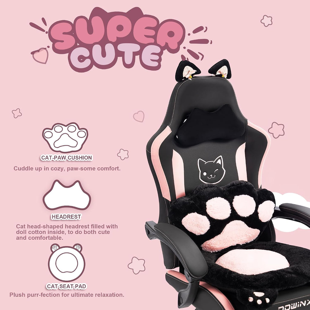 Dowinx Gaming Chair Cute with Cat Ears and Paw Lumbar, Ergonomic Computer Chair for Girl with Footrest and Headrest, Comfortable Reclining Game Chair 292lbs for Adult, Teen, Black