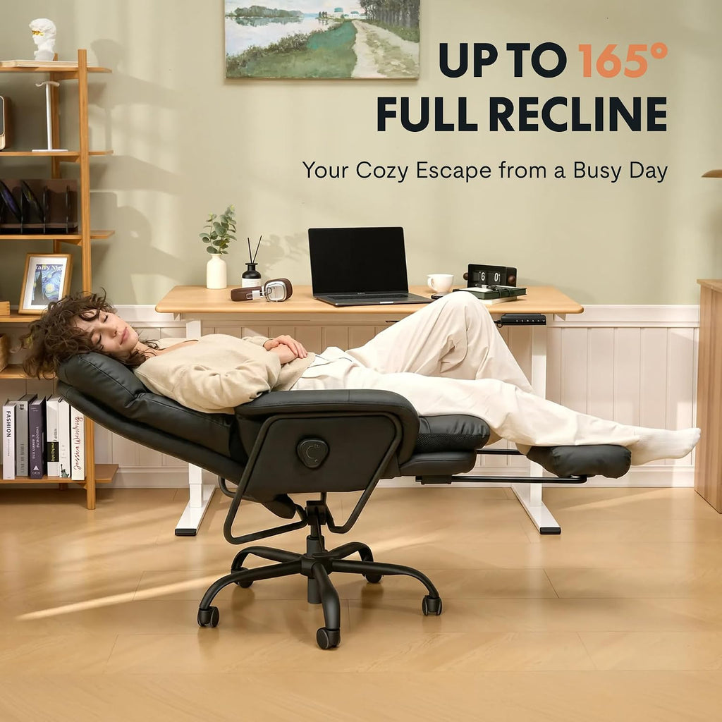 FLEXISPOT Ergonomic Office Chair with Footrest 90-165° Reclining High Back Desk Chairs Indoor Lounge Chair with Wheels Lumbar Support Pillow, Chairs for Working Relaxing Cross Legged, Leather, Black