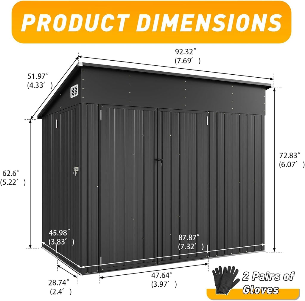 8'x4' Outdoor Storage Shed with Triple Door Lean to Metal Sheds Weatherproof UtilityGalvanized Steel Sheds, Dual Lock Shed with Sloped Roof for Mower, Bike,Generator, Garden Tools (Black)