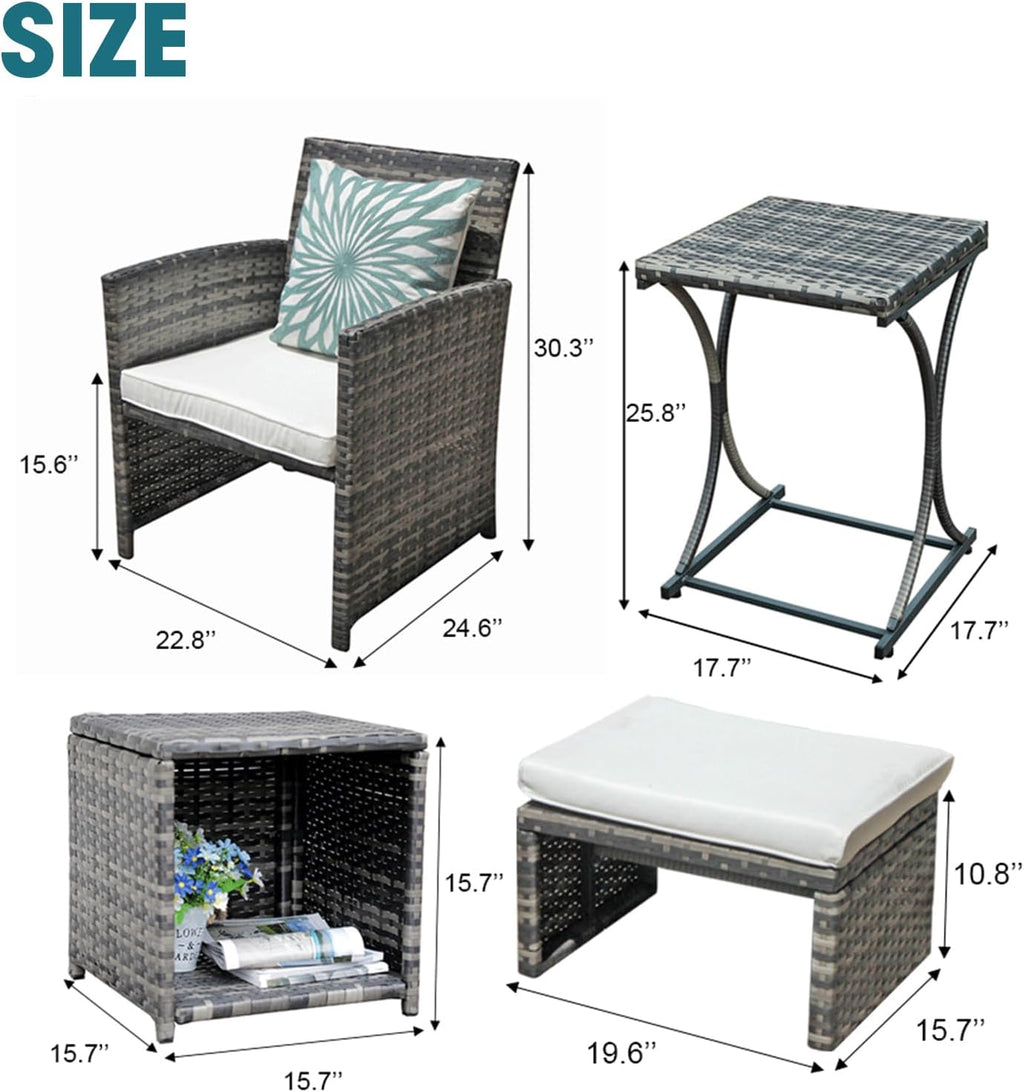 OC Orange-Casual 6 Piece Patio Furniture Conversation Set with Ottoman, Outdoor Grey Wicker Chair and Table Set, Balcony Furniture for Apartments, White