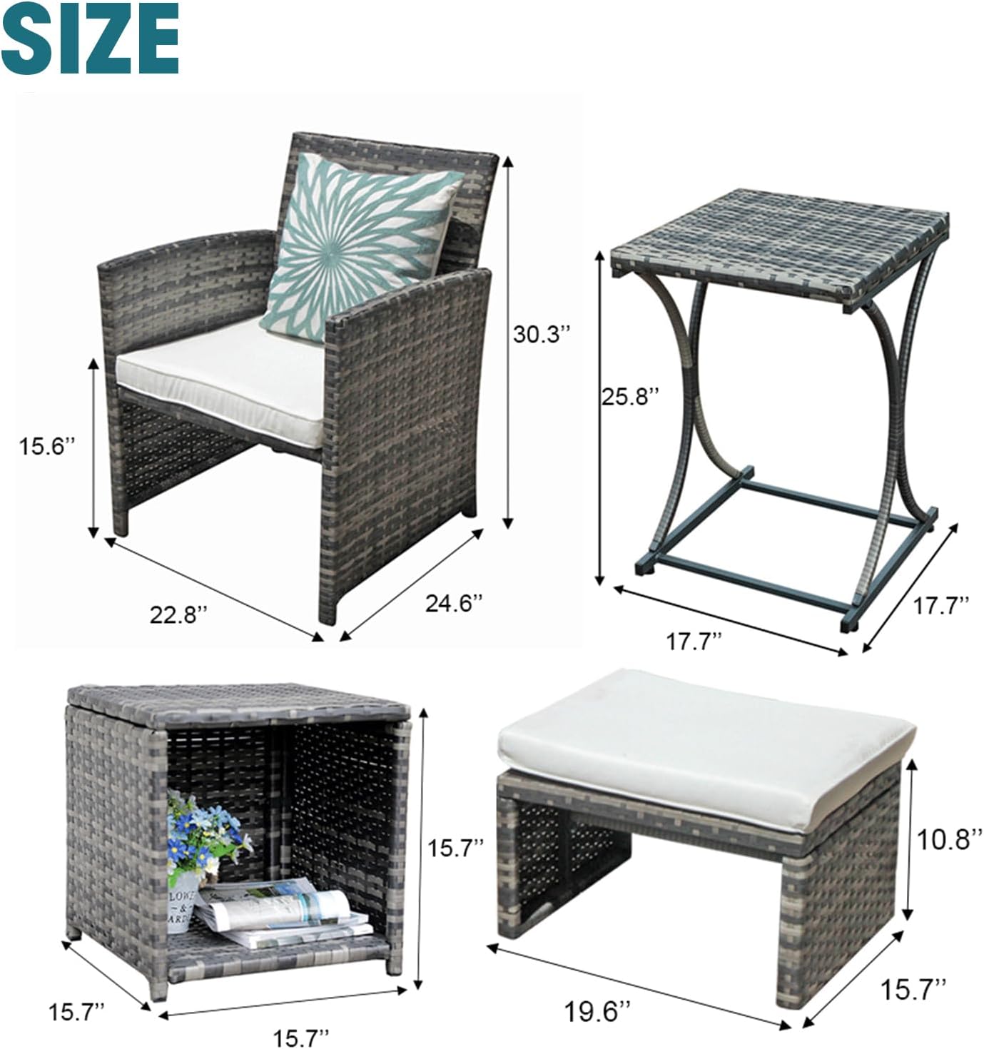 OC Orange-Casual 6 Piece Patio Furniture Conversation Set with Ottoman, Outdoor Grey Wicker Chair and Table Set, Balcony Furniture for Apartments, White