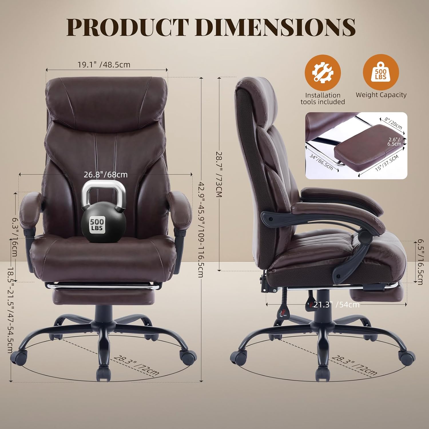 Comfortable Office Desk Chair 500 LBS, Big and Tall Office Chairs with Footrest,90-155°Recline Executive Leather Gaming Chair for Heavy People, Long Hours,Coffee Color