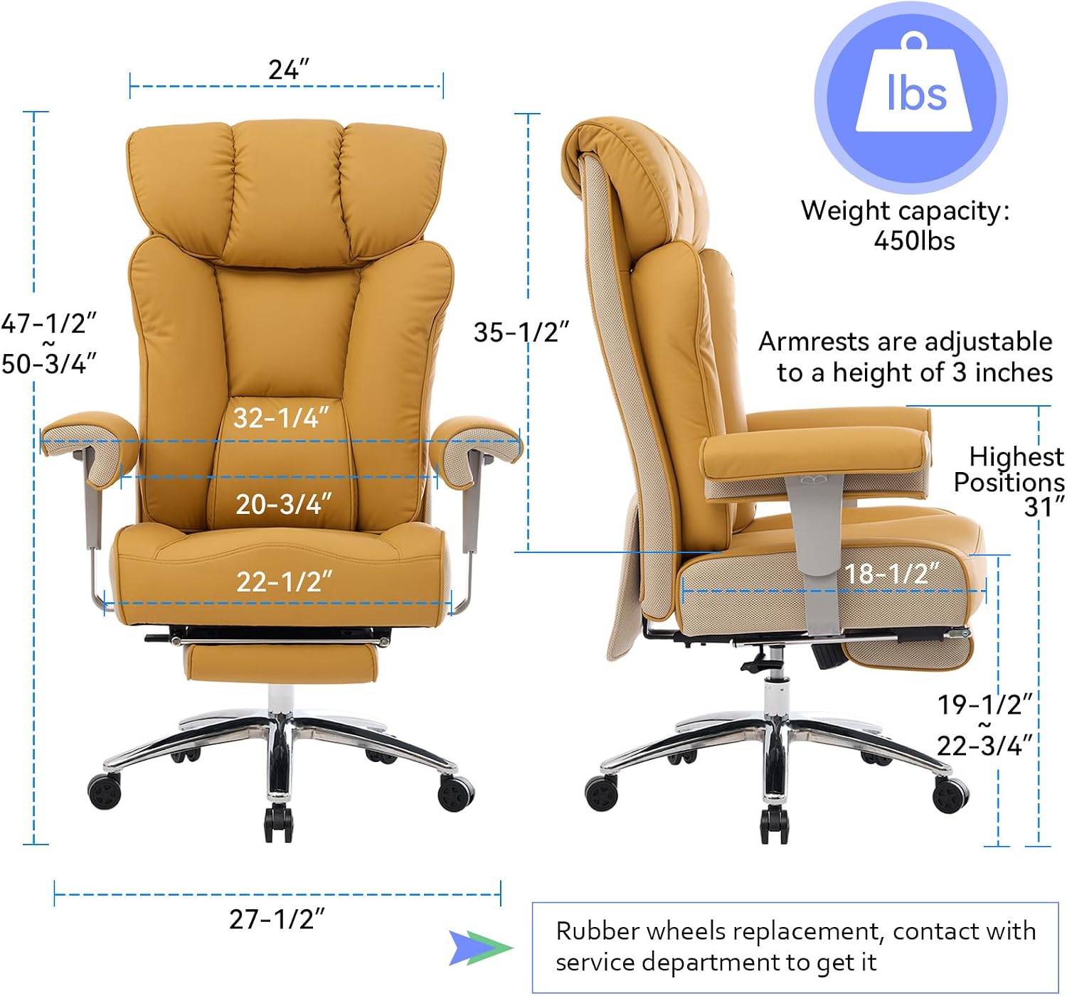 Efomao Big and Tall Green Office Chair 450LBS – Ergonomic High-Back Executive Chair with Footrest, Adjustable Padded Armrests, PU Leather Computer Chair with Lumbar Support for Home or Office, Yellow