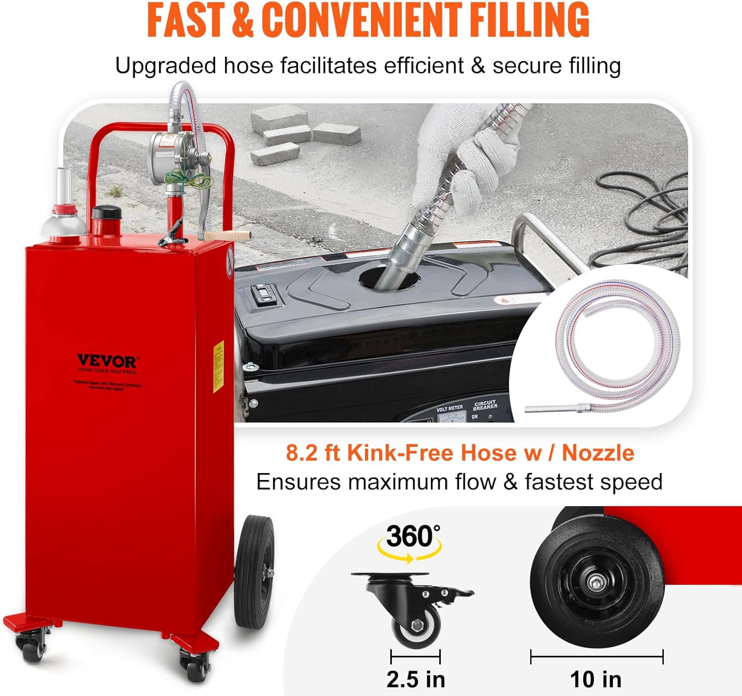 VEVOR Fuel Caddy 35 Gallon, Gas Storage Tank on 4 Wheels, with Manual Transfer Pump, Gasoline Diesel Fuel Container for Cars, Lawn Mowers, ATVs, Boats & More, Red