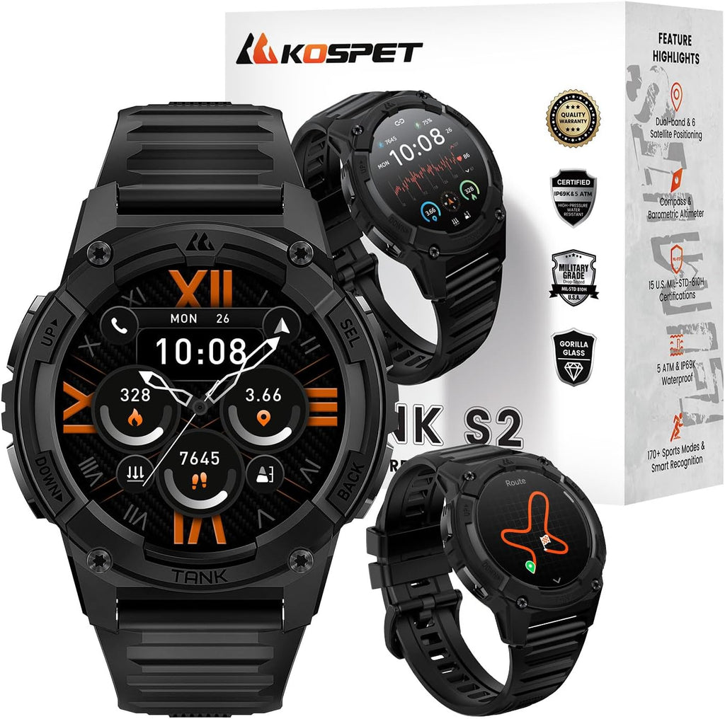 KOSPET Tank S2 Smart Watch for Men Women GPS, 5ATM Waterproof, Pressure/Altitude/Compass, 1.32' AMOLED Display Fitness Tracker(Answer/Make Call), AI Voice Assistant, 24H Sleep/Hear Rate Monitor