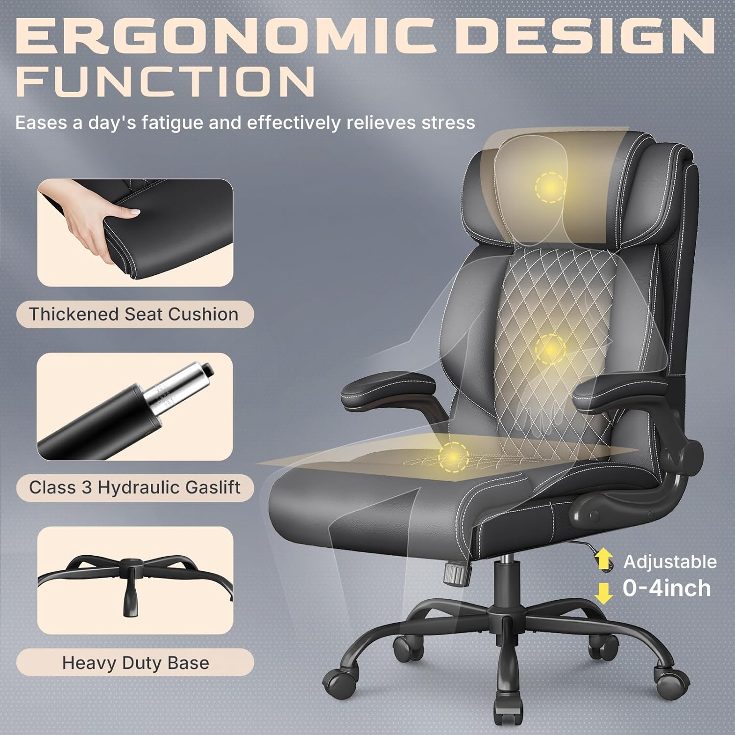 Office Chair-Executive High Back Breathable Big and Tall Office Chair Flip-up Armrests Lumbar Support-Ergonomic Leather Rolling Swivel Chair with Rock Function for Working Studying Gaming,Black