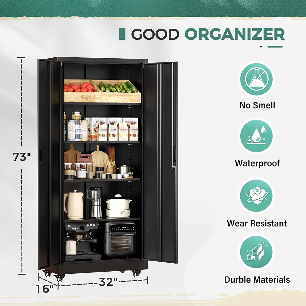 Greenvelly Metal Garage Storage Cabinet with Wheels, Black 73' Rolling Metal Cabinet with Locking Doors and Adjustable Shelves, Tool Organization with Wheels for Home,Kitchen,Office