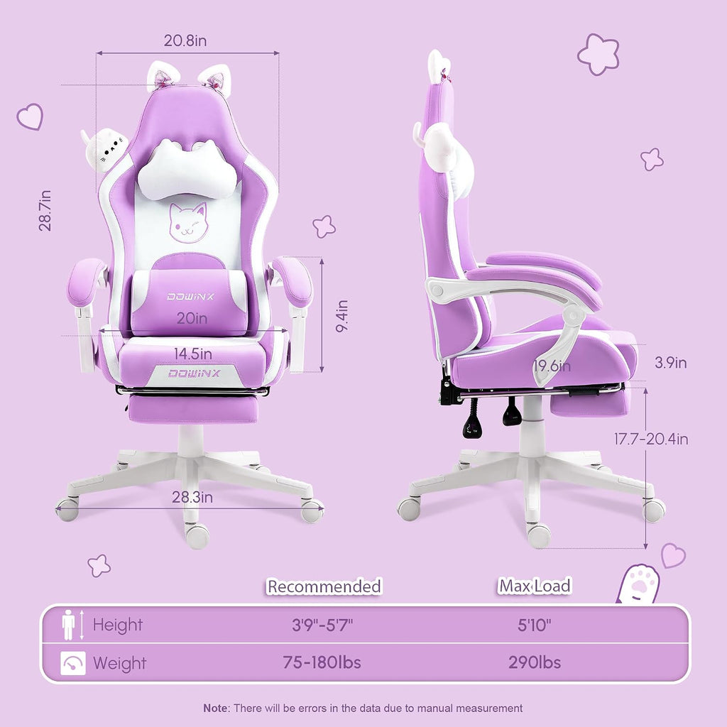 Dowinx Gaming Chair Cute with Cat Ears and Massage Lumbar Support, Ergonomic Computer Chair for Girl with Footrest and Headrest, Comfortable Reclining Game Chair 290lbs for Adult, Teen, Purple