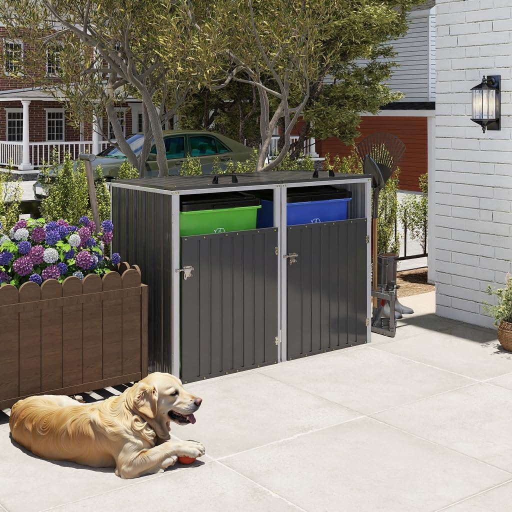 Outdoor Metal Trash Can Storage Shed for 2 Garbage Bins, Galvanized Steel Double Bin Enclosure with Lockable Doors & Hydraulic Lid, Garden Yard Storage Cabinet for Recycling, Dark Gray
