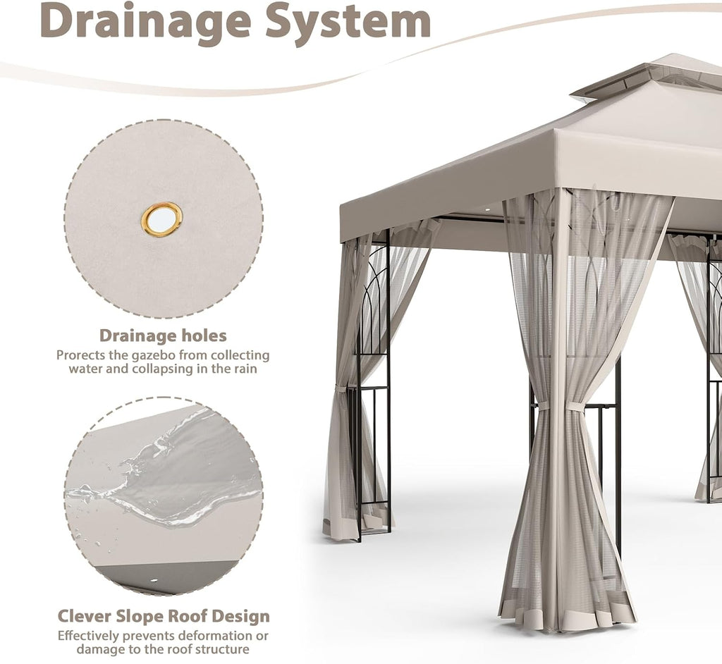 EAGLE PEAK 10x10 Patio Gazebo with Mesh Netting, Double Roof Outdoor Pavilion with Corner Shelves for Lawn, Deck, Garden and Backyard, Beige