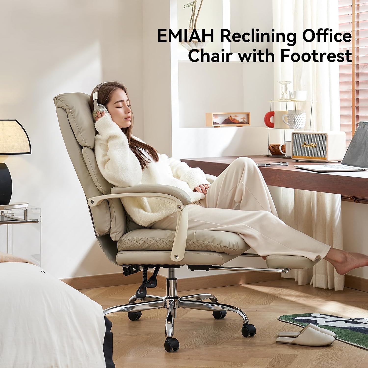 EMIAH Heated and Massage Office Chair with Foot Rest, Executive Office Chair Reclining High Back PU Leather Comfy Swivel Computer Desk Chairs with Wheels and Lumbar Support for Home Office，Beige