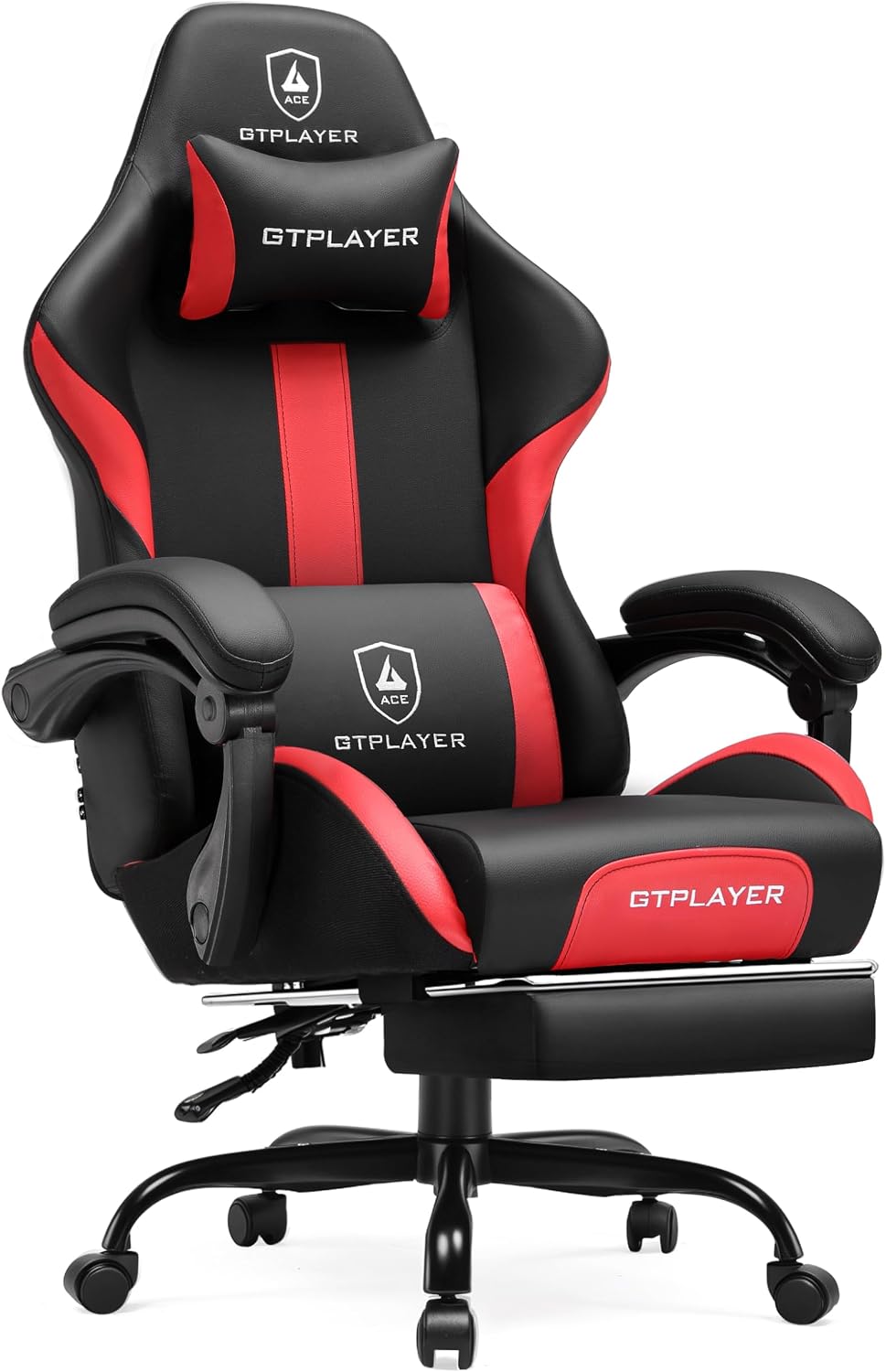 GTPLAYER Gaming Chair with Foot Rest & Pocket Spring Cushion, Ergonomic High Back Computer Chair with Headrest & 360°-Swivel Seat for Home Office Desk, PU Leather, Red