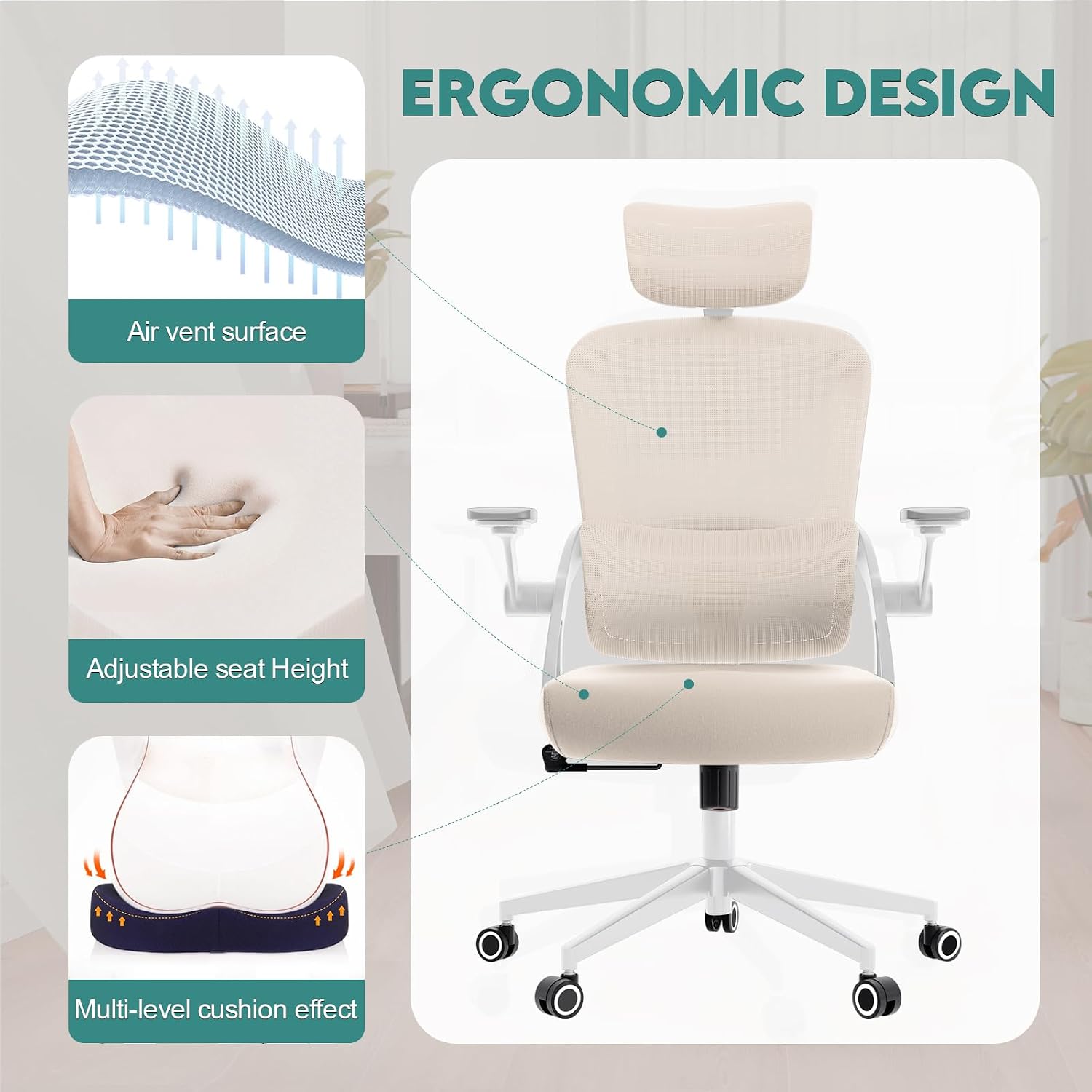 Monhey Ergonomic Office Chair, 90°-125° Tilt Back Home Desk Chair with 360° Swivel & Mute Wheels, High Back Mesh Computer Chair for Adults with Lumbar Support, 330 LBS Capacity (05Khaki)