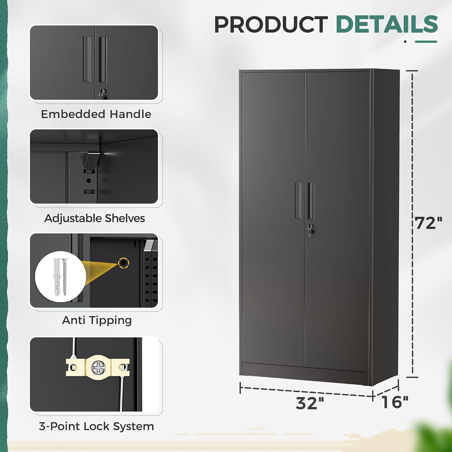Greenvelly Metal Storage Cabinet with Lock,71' Metal Garage Cabinet with 2 Doors and 4 Adjustable Shelves,Lockable Storage Organization, Steel Tool Cabinets for Office,Home,Garage,Gym,School (Black)