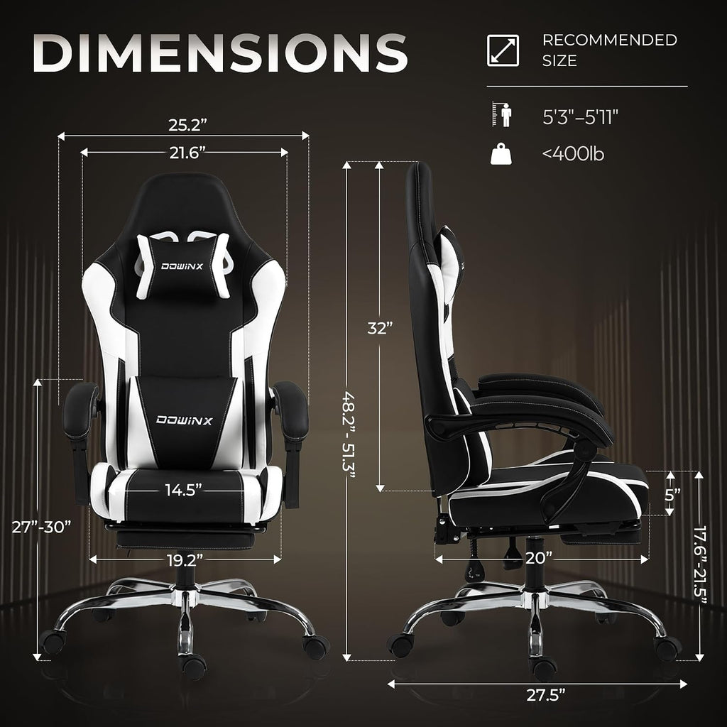 Gaming Chair with Footrest & Massage Lumbar, Ergonomic Computer Chair 330lbs with Headrest Pillow for Office, Home, Streaming and Long Gaming Sessions, White