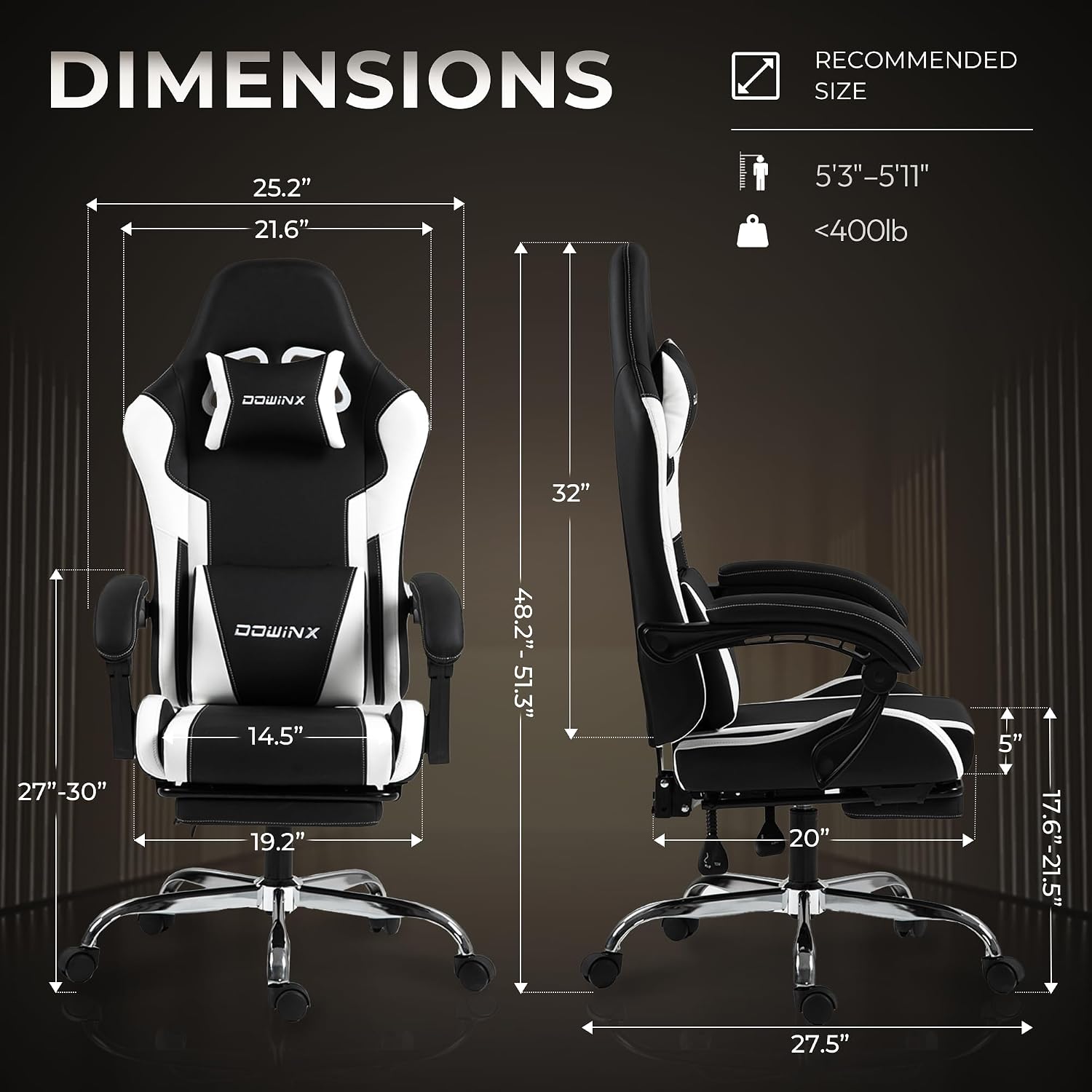 Gaming Chair with Footrest & Massage Lumbar, Ergonomic Computer Chair 330lbs with Headrest Pillow for Office, Home, Streaming and Long Gaming Sessions, White