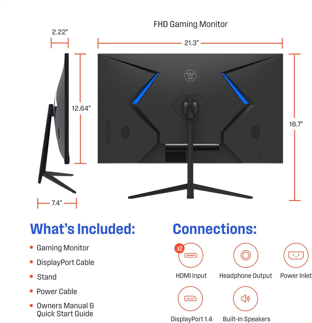 Westinghouse 24 Inch Gaming Monitor, IPS, 180Hz, 1ms, FHD 1080P, 110% sRGB, AMD FreeSync, Eyecare, Computer Monitor for Office, PC & Console Games, Built in Speakers, DisplayPort, HDMIx2/Gaming Mode