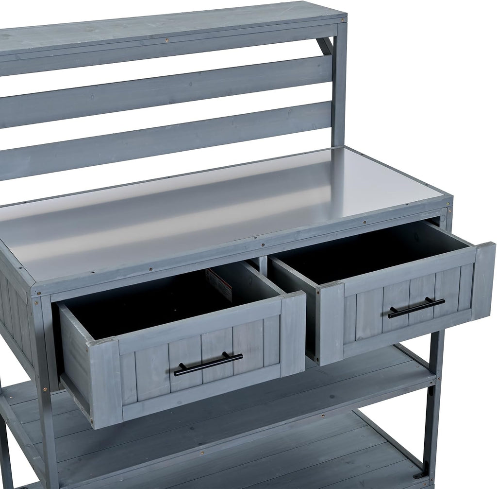 62.3'' Patio Kitchen Island, Solid Wood Kitchen Cart with Stainless Table Top, Garden Potting Bench with Raised Shelf and Drawers, Grill Prep Table for BBQ, Party (Gray-62.3'')