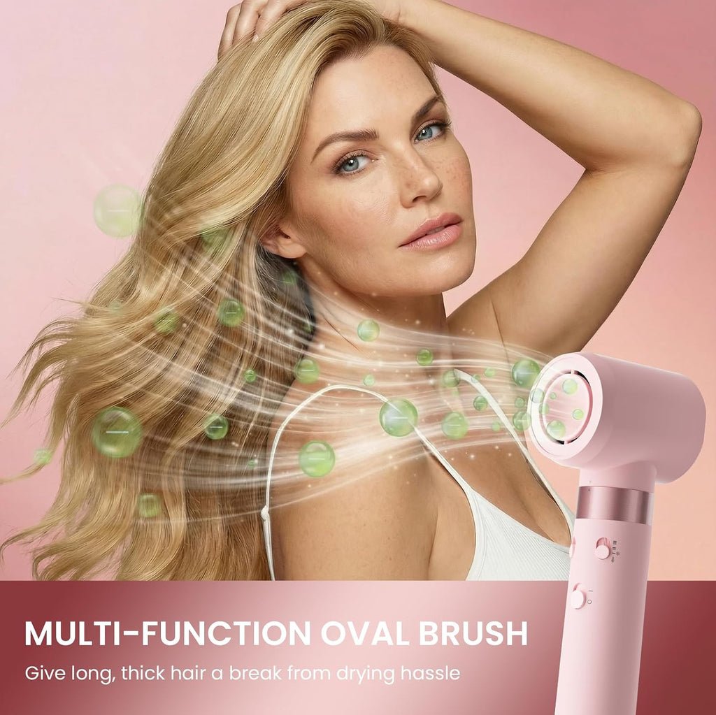 MESCOMB Dual Voltage Hair Dryer Brush - 5 in 1 Hot Air Styler Wrap with Auto Wrap Curlers, Fast Drying, Straightening & Volumizing, 100V–240V Global Travel with Storage Bag-Peach Pink
