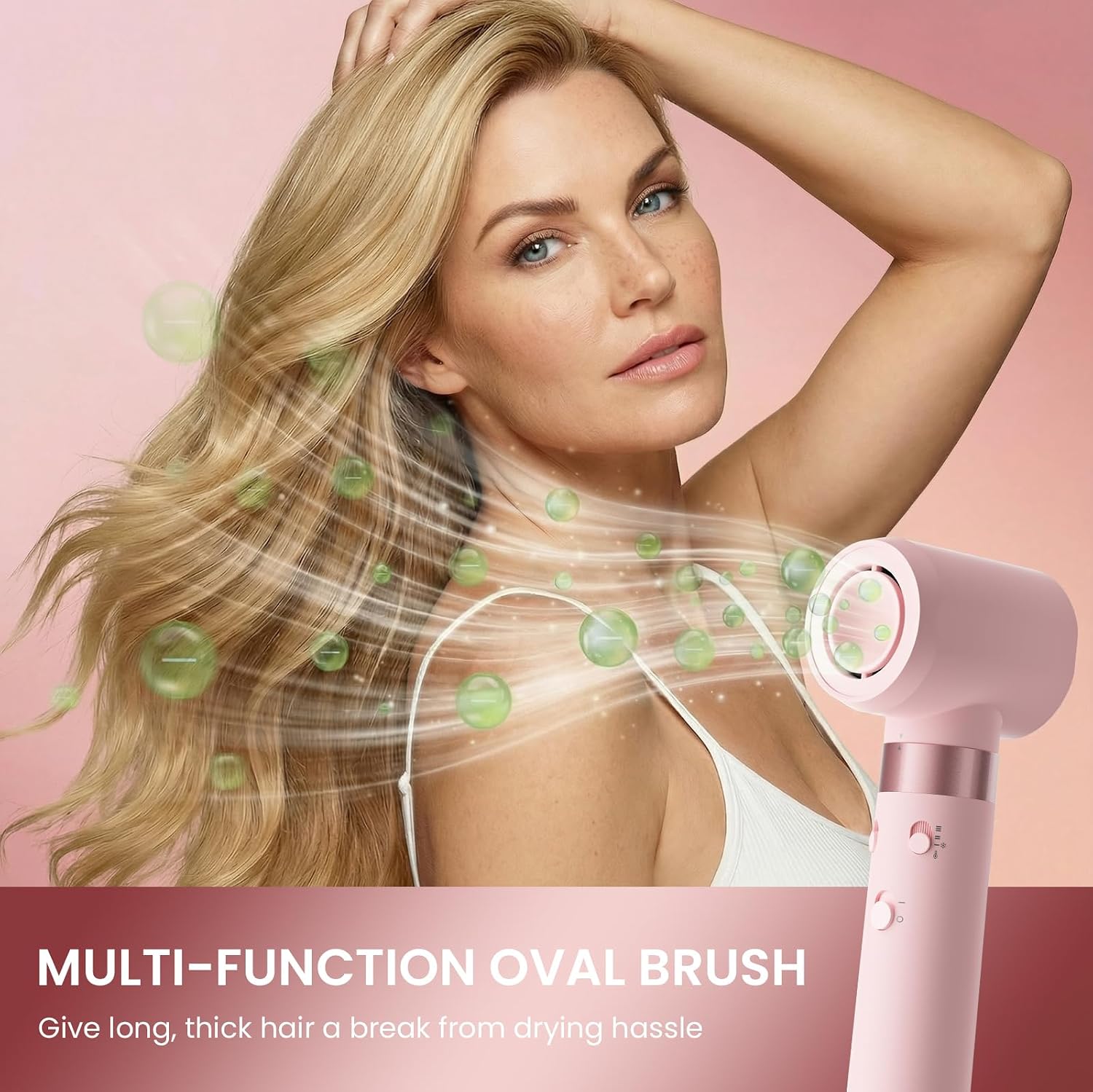 MESCOMB Dual Voltage Hair Dryer Brush - 5 in 1 Hot Air Styler Wrap with Auto Wrap Curlers, Fast Drying, Straightening & Volumizing, 100V–240V Global Travel with Storage Bag-Peach Pink