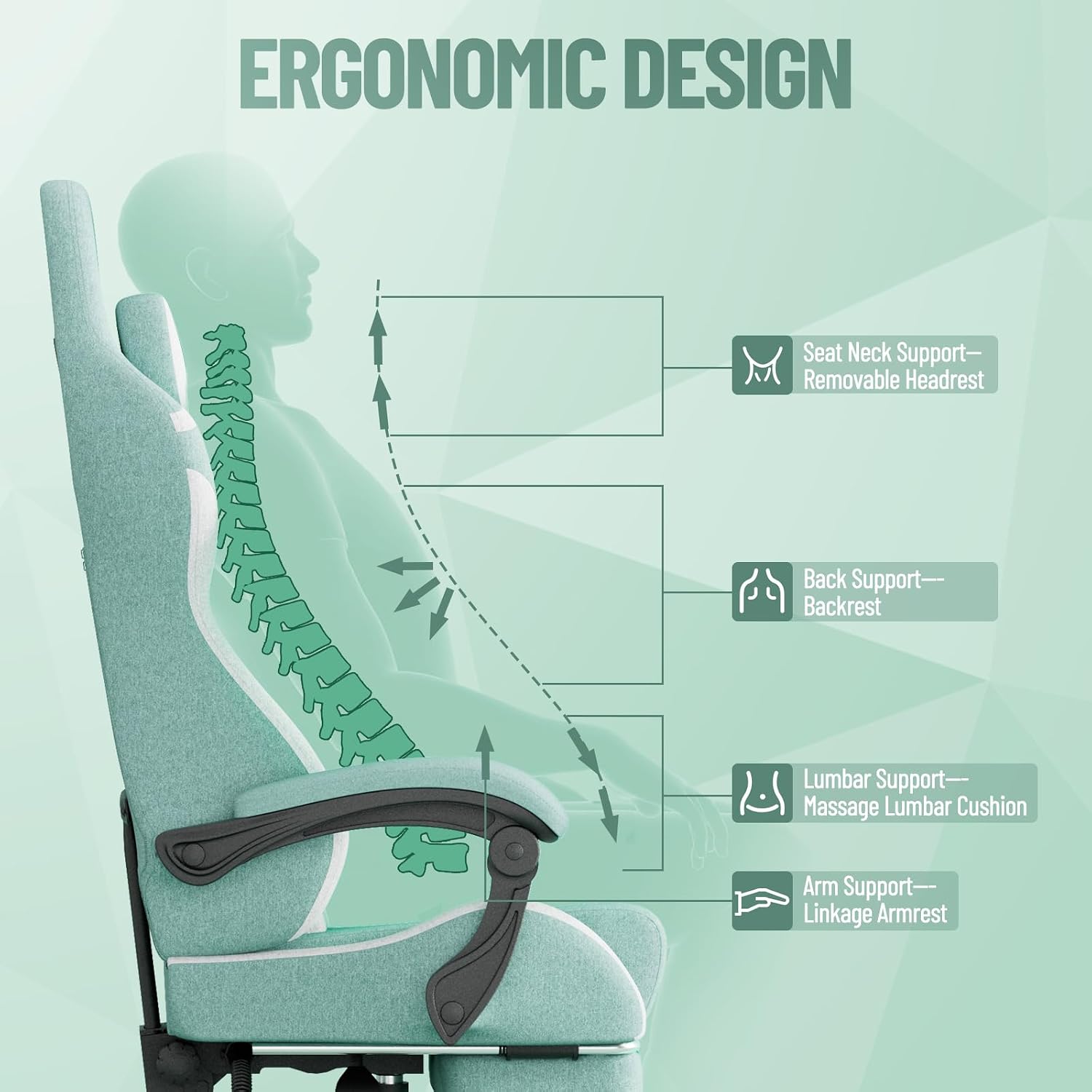 Soontrans Green Gaming Chair, Fabric Ergonomic Computer Chair with Footrest and Linkage Armrest for Adult, High Back Office Game Chair with Massage Lumbar Support
