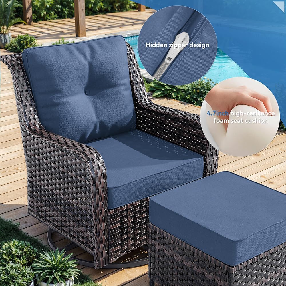 Kurapika 7-Piece Patio Furniture Set, Wicker Thick-Backed Outdoor Swivel Rocking Chair, Includes Coffee Table and Thick Cushions, Conversation Set for Porch,Patio, Navy Blue