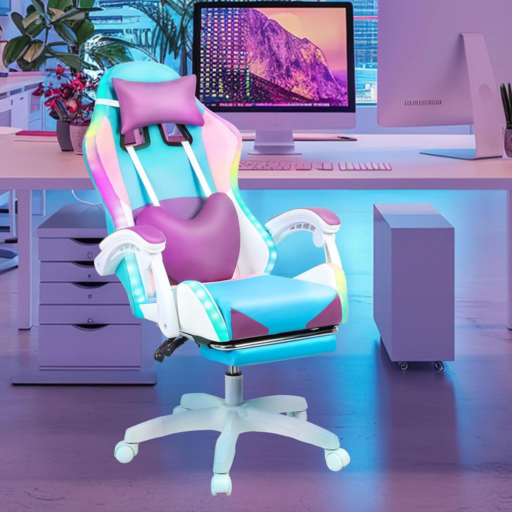 Gaming Chairs for Adults Racing Style Computer Chair Ergonomic, Gamer Chairs for Adults Remote Control, High Back Reclining Office Gaming Chair with Footrest and Headrest (Purple)