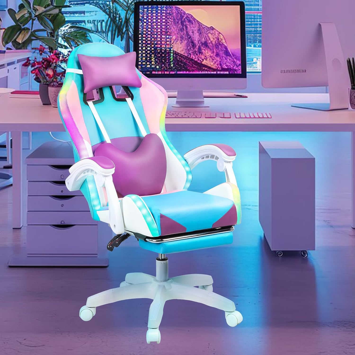 Gaming Chair with Compatible Speakers and RGB LED Lights, Ergonomic Massage Computer Gaming Chair with Height Adjustable, Video Game Chair High Back with Lumbar Support (Purple)
