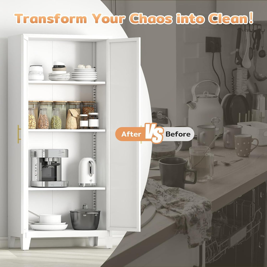Zevemomo 61' H Metal Kitchen Pantry Cabinet, Freestanding Cupboard with 2 Doors and 3 Adjustable Shelves, Tall Metal Storage Cabinet for Kitchen, Bathroom, Dinning Room or Laundry Room （White）