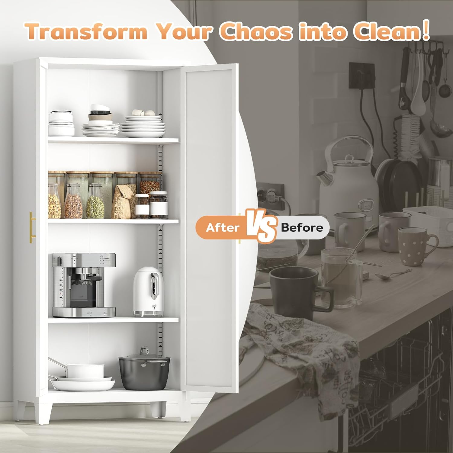 Zevemomo 61' H Metal Kitchen Pantry Cabinet, Freestanding Cupboard with 2 Doors and 3 Adjustable Shelves, Tall Metal Storage Cabinet for Kitchen, Bathroom, Dinning Room or Laundry Room （White）