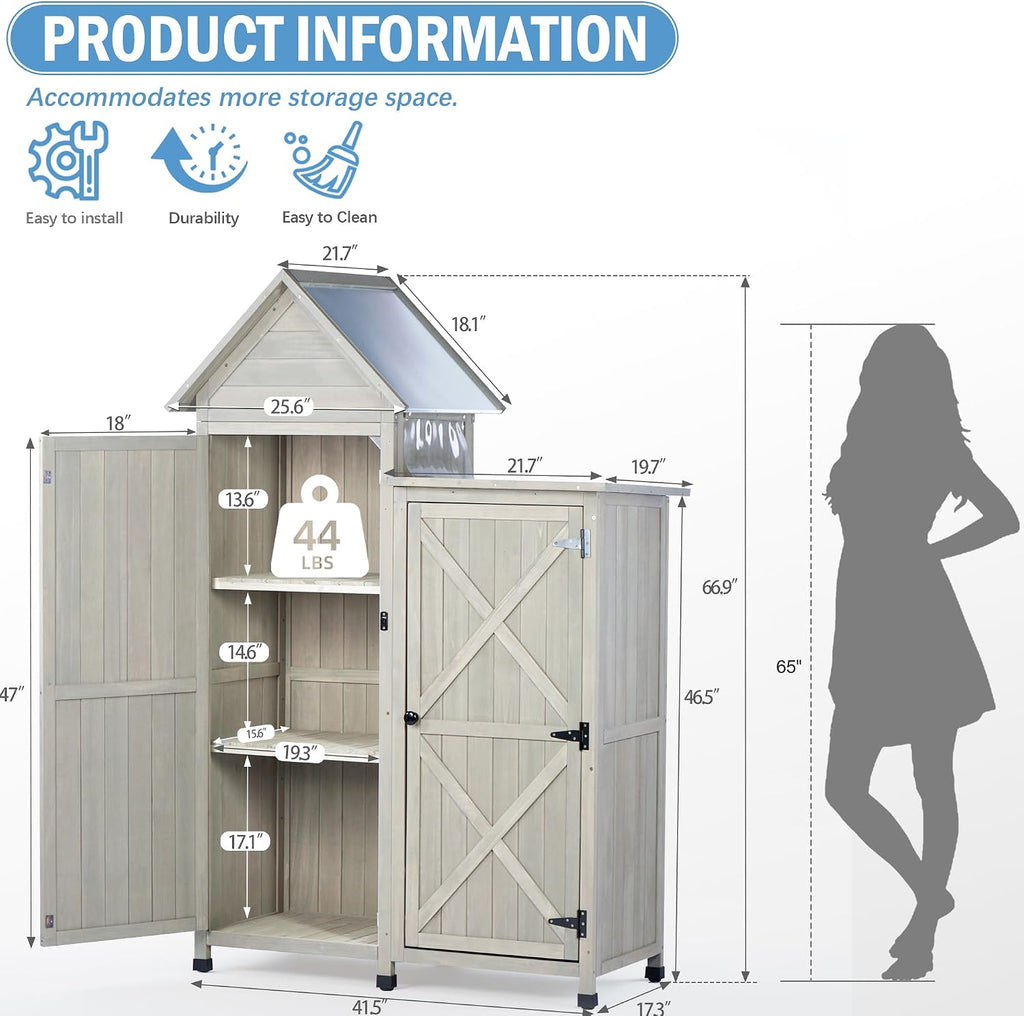 Outdoor Storage Cabinet|Waterproof Metal Roof & Wooden Vertical Design, Tall Garden Tool Shed with Multiple Shelves for Patio, Backyard, Lawn, Yard,Outdoor Storage shed