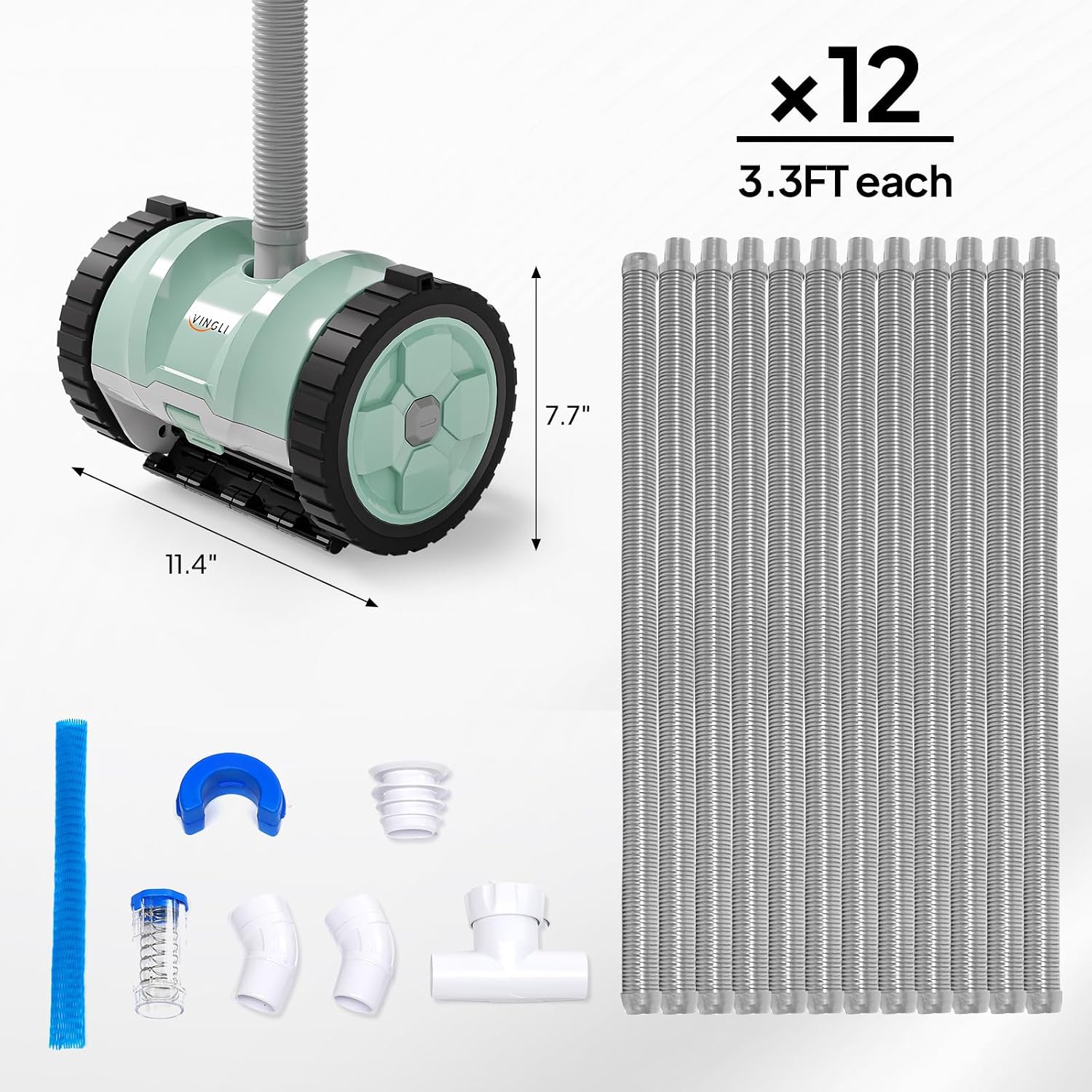 (2025 Upgrade) VINGLI Pool Vacuum Cleaner, Suction Side Wall-Climbing Sweeper for Ground&Inground Pools, Automatic Pool Vacuum with 39.6ft Tangle-Free Hose (Mint Green&Gray)