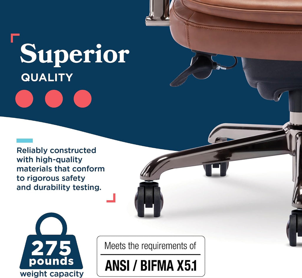 La-Z-Boy Opus Executive Mid-Back Office Chair, Channel-Tufted Seat and Back, Double-Layer Cushion, Padded Arms, Ergonomic Computer Desk Chair, Swivel Metal Base, Bonded Leather, Cognac and Graphite