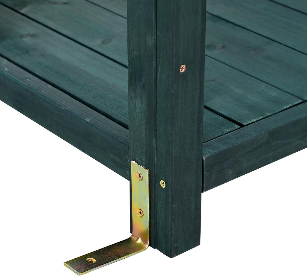Potting Bench Table with Storage Shelves and Side Hook, Polibi Large Wooden Farmhouse Rustic Outdoor Patio Workstation, Garden Potting Bench with Splash Plate (Forest Green)
