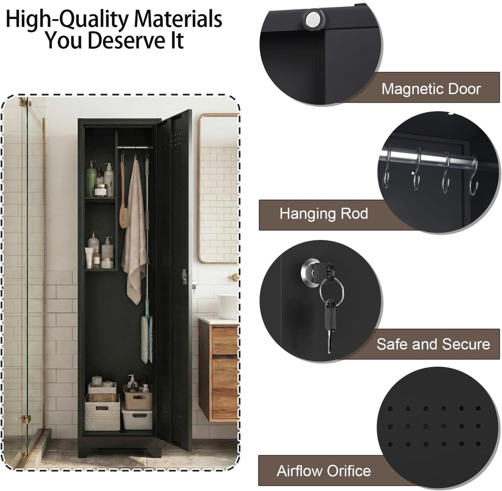 Slim Broom Closet Storage Cabinet, Black Metal Cabinets with Lock and & S-Hooks, Cleaning Supply Cabinet, Utility Closet Cabinets for Garage, Office, Gym