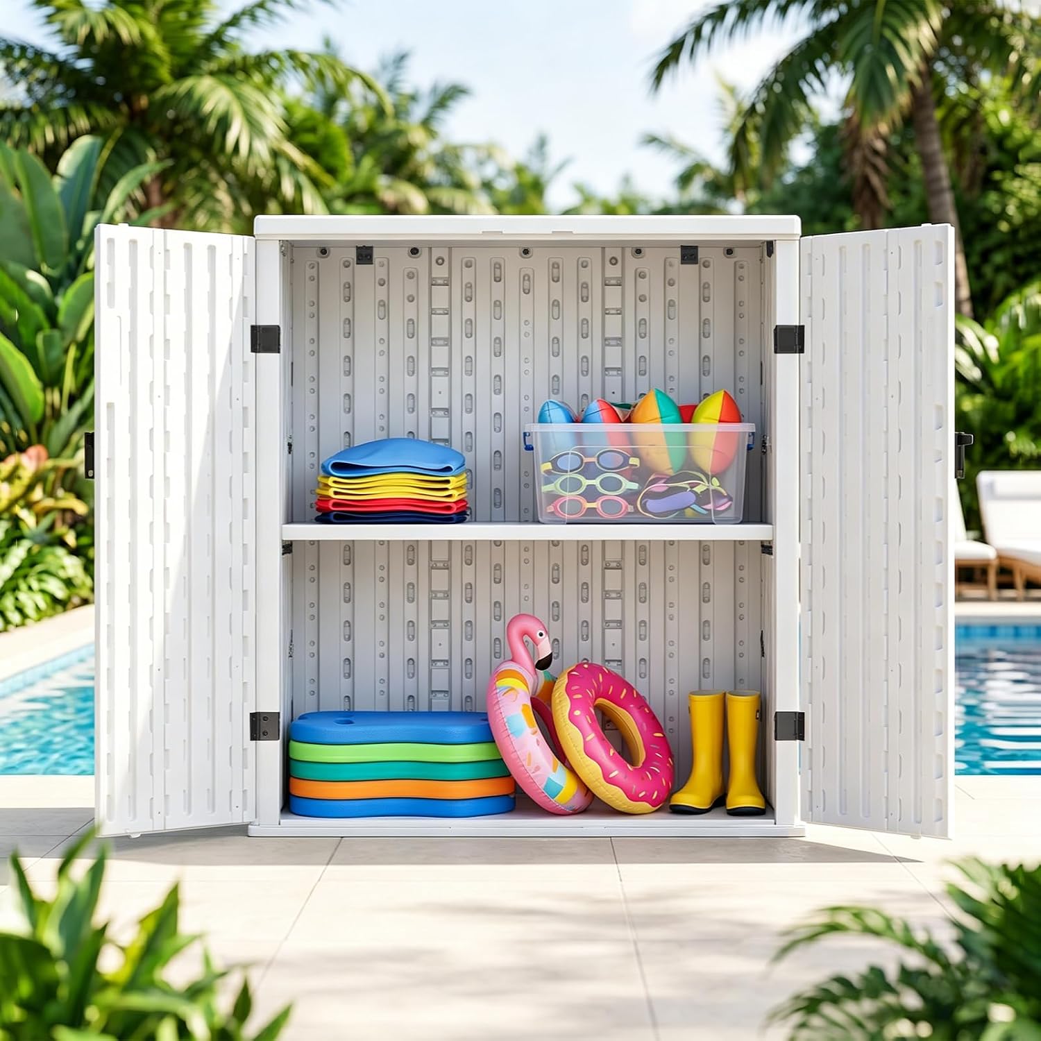 Outdoor Storage Cabinet with 2 Shelves, Waterproof Resin Vertical Tool Shed, Lockable 15 cu. ft. Storage Shed for Patio, Garden, Yard, Dark White