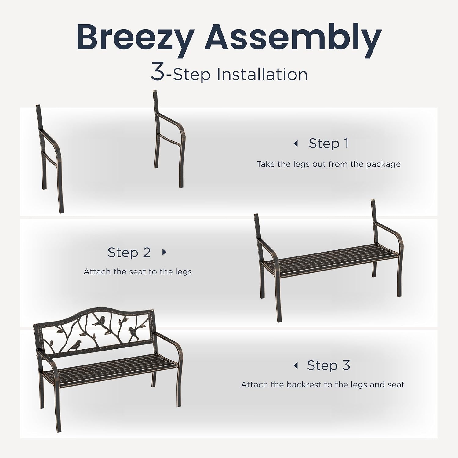 PHI VILLA Outdoor Garden Park Bench Patio 50' Metal Bench, Steel Frame Bench with Backrest and Armrests for Porch, Lawn, Balcony, Backyard and Indoor, Bronze
