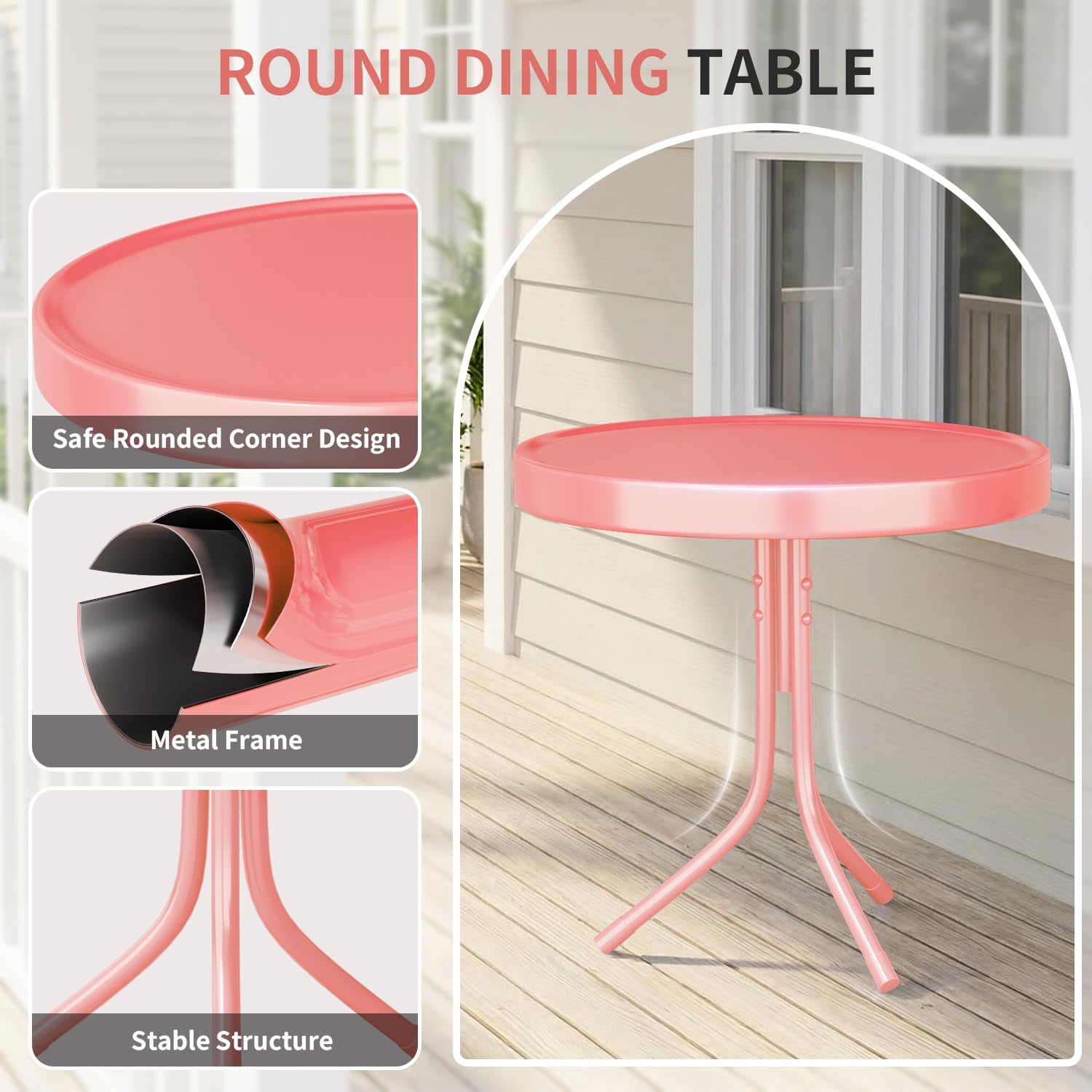 Patio Bistro Set Retro Metal Outdoor Seating Conversation 3 Pieces, 2 C-Spring Motion Armchairs and Round Side Table, for Porch, Lawn, Garden (Pink)
