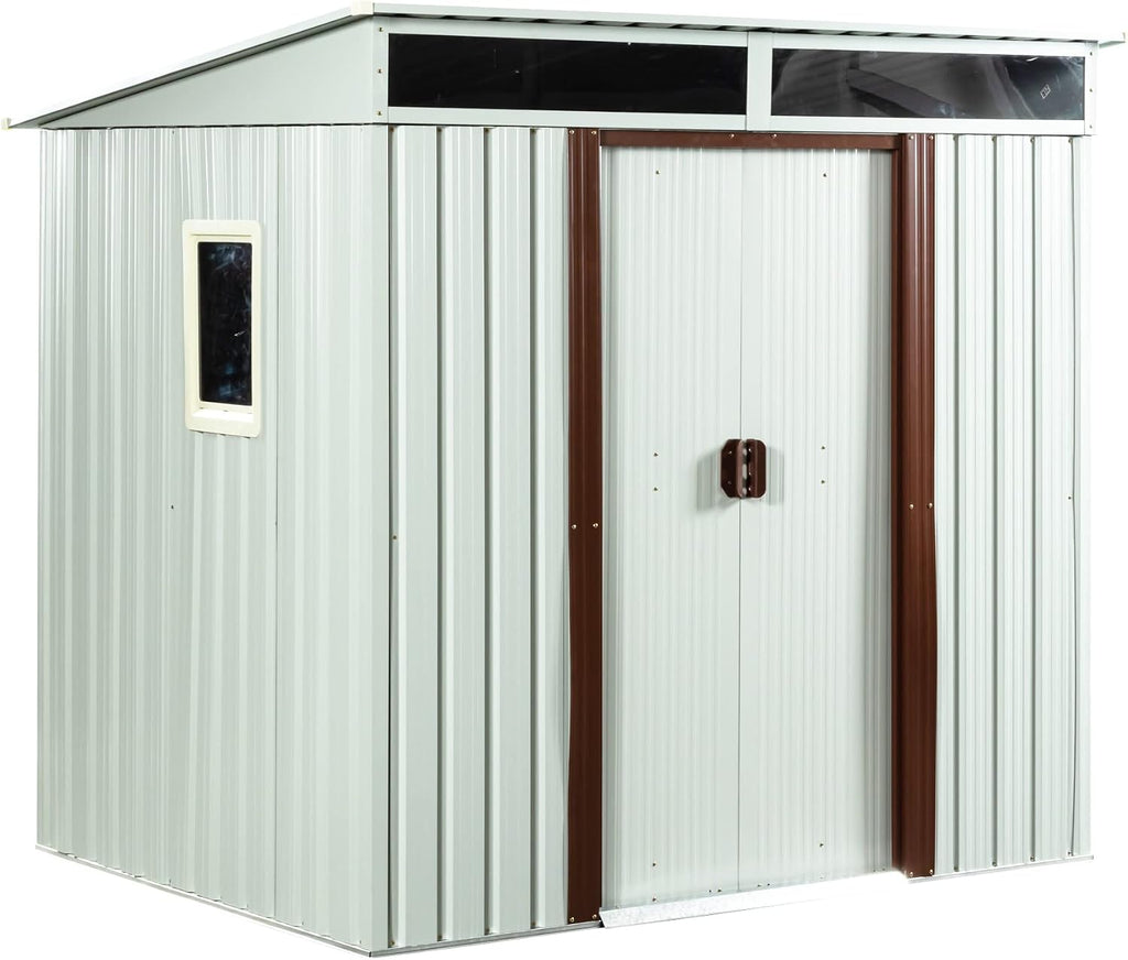 JT 6X4.5FT Outdoor Storage Shed, Galvanized Metal Garden Shed with Window and Metal Foundation, Tool Storage Shed for Patio Lawn Backyard (White-with The window-6ftx4.5ft)