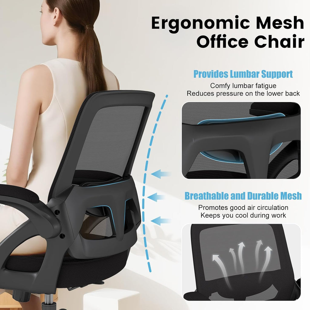 AnyGod Big and Tall Office Chair, Ergonomic Desk Chair Mesh Mid Back with Comfy Lumbar Support Swivel Task Executive Chairs with Wheels, Flip up Arms for Home, Office, Study
