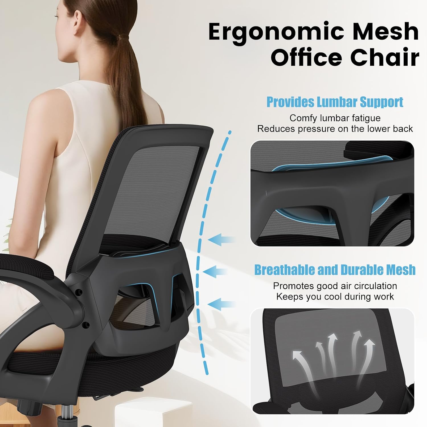 AnyGod Big and Tall Office Chair, Ergonomic Desk Chair Mesh Mid Back with Comfy Lumbar Support Swivel Task Executive Chairs with Wheels, Flip up Arms for Home, Office, Study